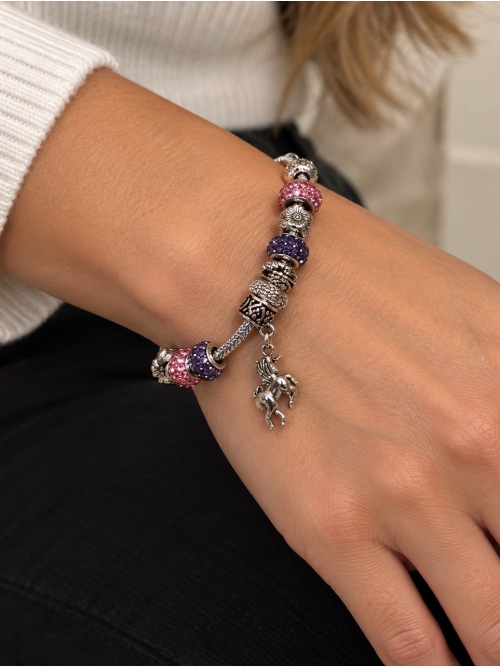 European Vintage Style Charm Bracelet Silver Tone Glass Beads Enamel Unicorn